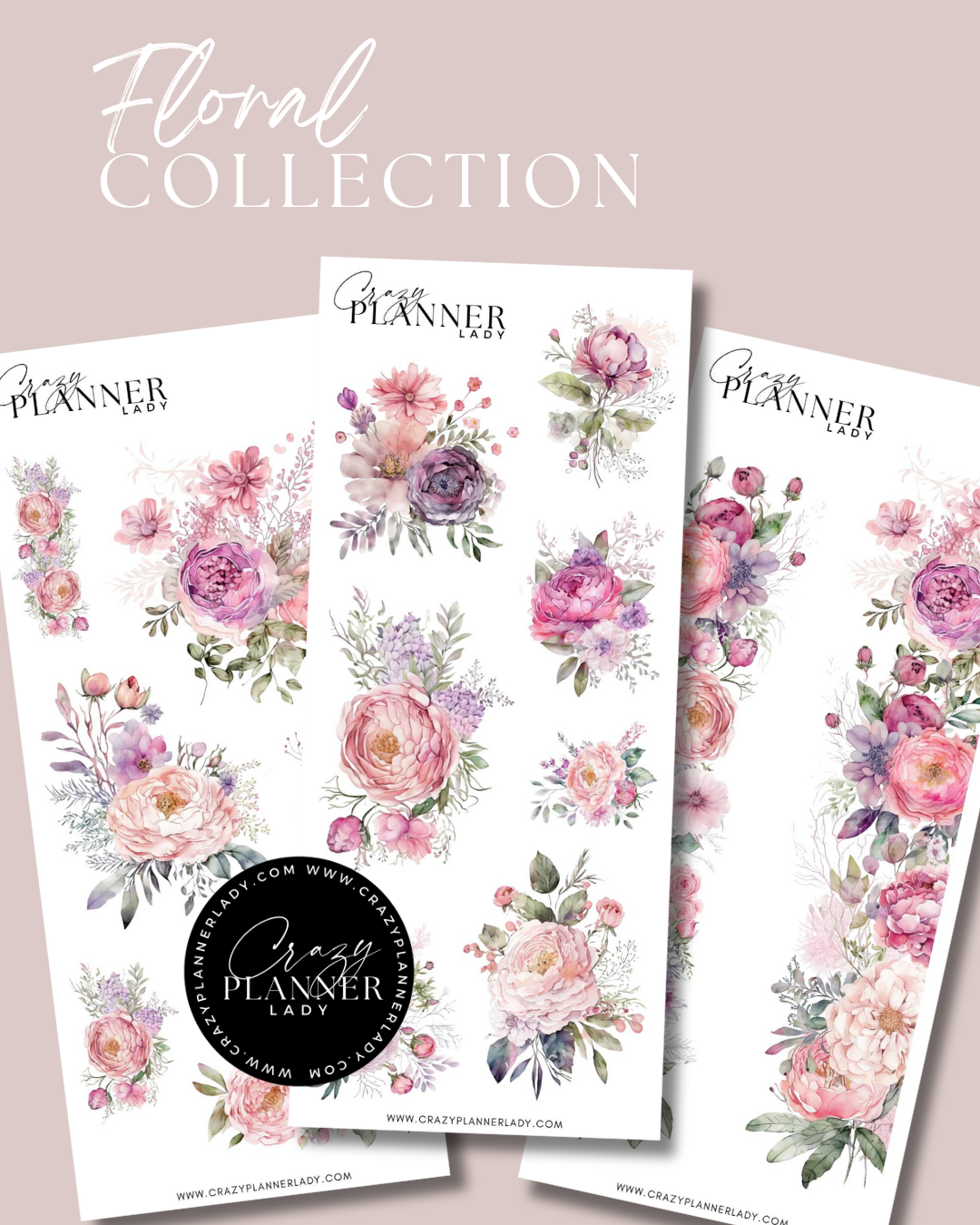 Three floral sticker sheets with blush pink roses, magenta peonies, and lilac florals in a romantic watercolor style.
