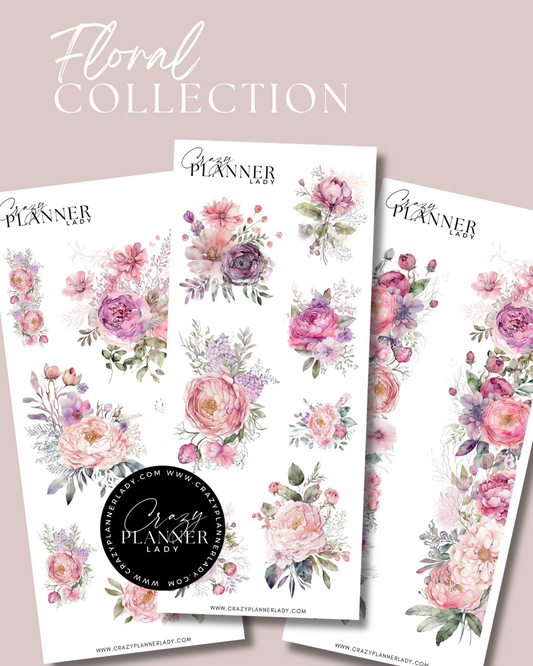 Three floral sticker sheets with blush pink roses, magenta peonies, and lilac florals in a romantic watercolor style.