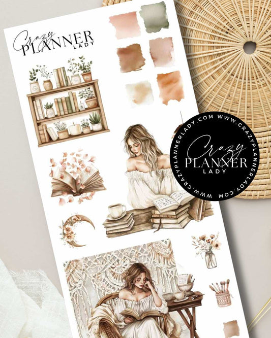 Cozy work sticker sheet with books, vases, and illustrated working girls
