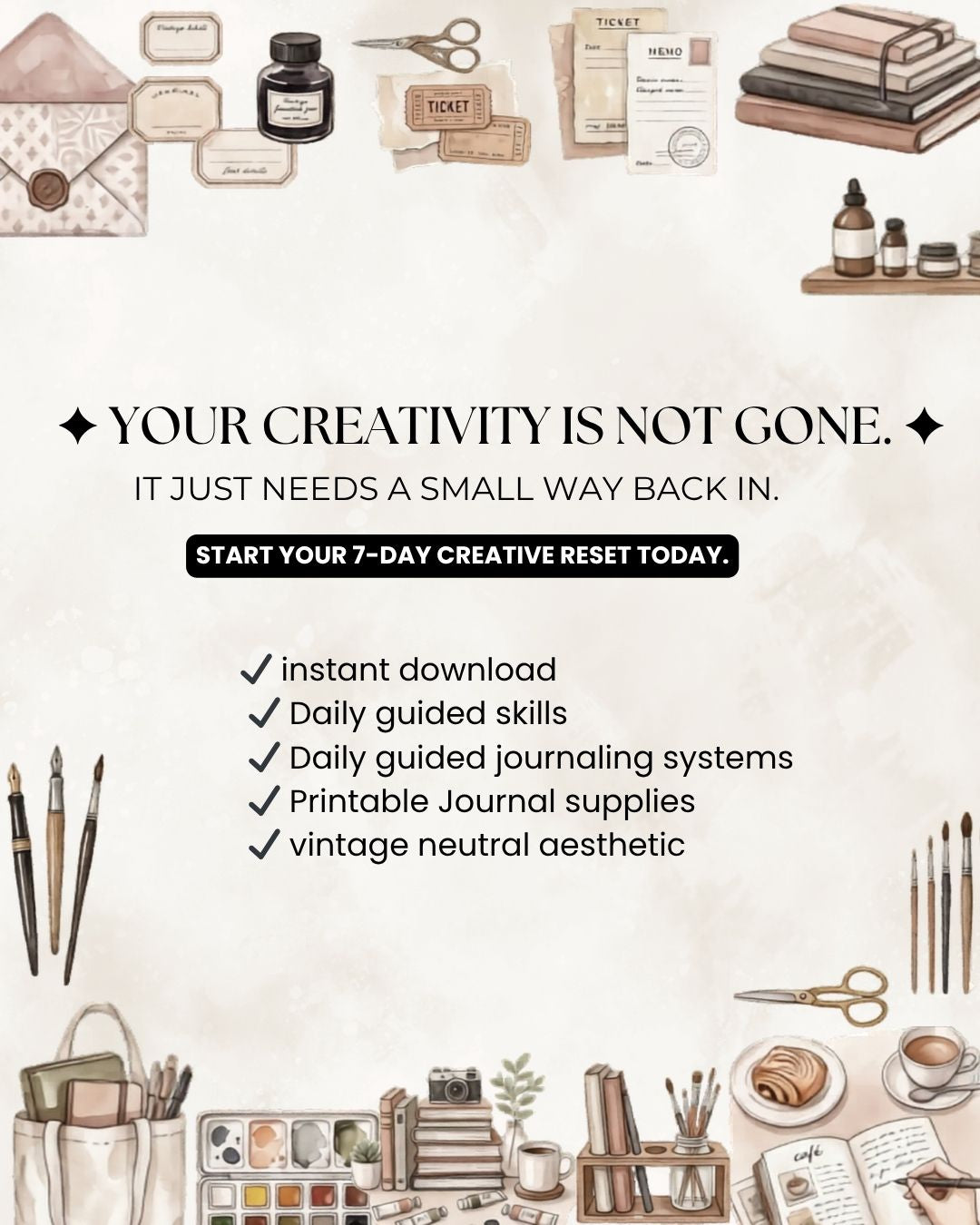 7 day creative journaling reset challenge printable kit with collage journaling pages, aesthetic scrapbook elements and vintage stationery style printables