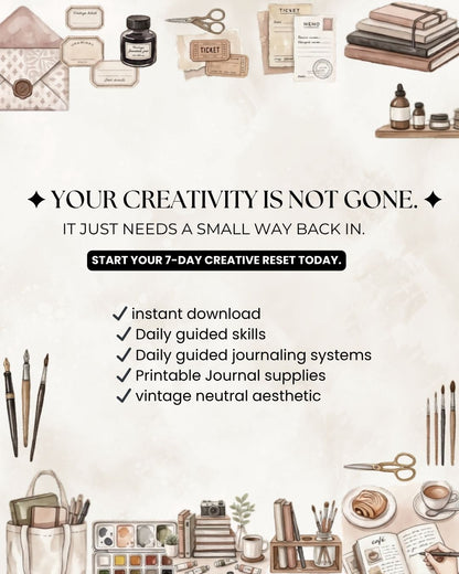 7 day creative journaling reset challenge printable kit with collage journaling pages, aesthetic scrapbook elements and vintage stationery style printables