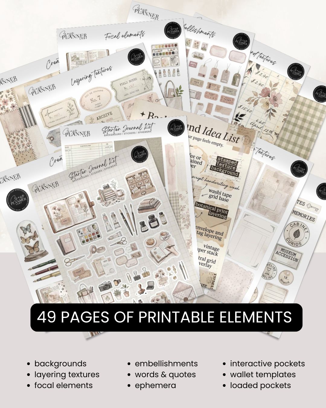 7 day creative journaling reset challenge printable kit with collage journaling pages, aesthetic scrapbook elements and vintage stationery style printables