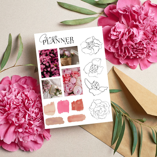 Pink floral watercolor stickers with peonies and blossoms in a soft artistic style