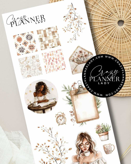 Sticker sheet with cozy patterns, clipboards, botanicals, and mail icons