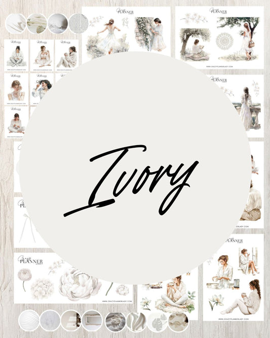 Ivory journaling sticker kit with soft lifestyle girl stickers, white aesthetic ephemera, and delicate neutral elements.