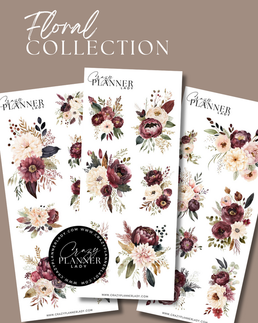 Three autumn-inspired floral sticker sheets with burgundy dahlias, blush roses, and fall foliage in rich colors.