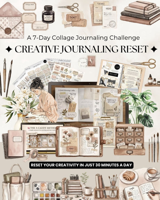 7 day creative journaling reset challenge printable kit with collage journaling pages, aesthetic scrapbook elements and vintage stationery style printables