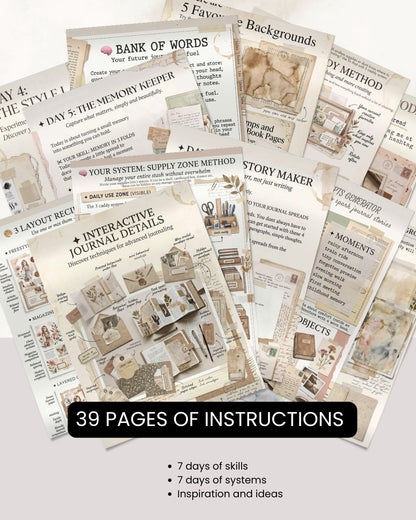 Printable creative journaling reset kit with background papers, journaling prompts, collage elements, sticker sheets and aesthetic scrapbook supplies