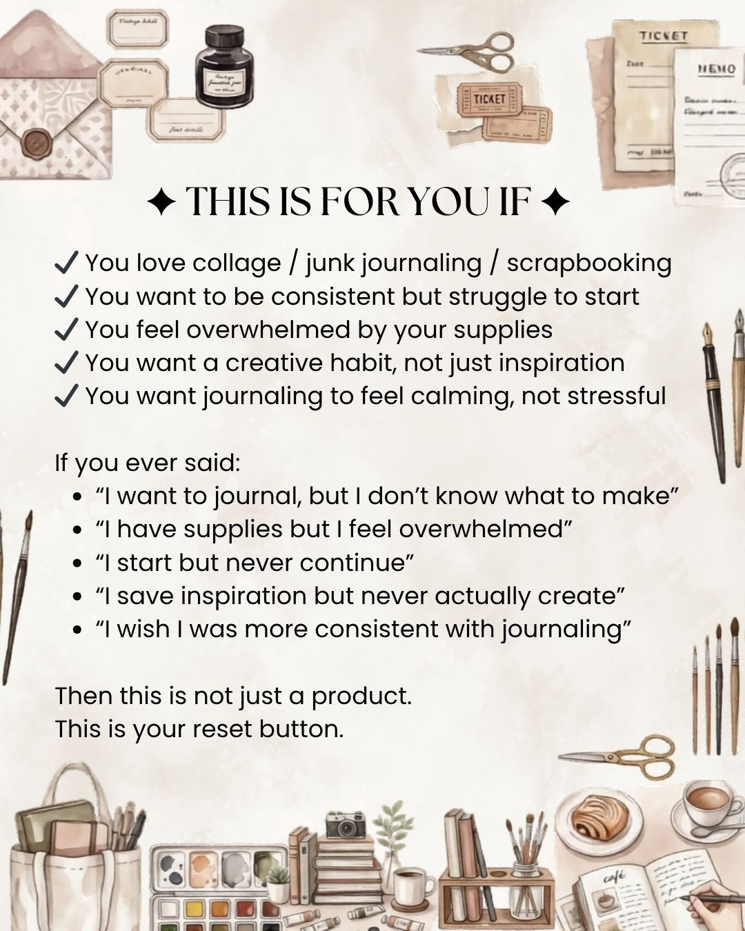 Woman creating aesthetic collage journal using printable journaling kit, scrapbook papers, stickers and creative journaling challenge materials