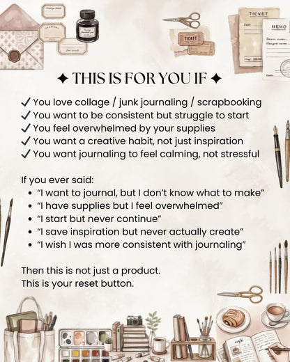 Woman creating aesthetic collage journal using printable journaling kit, scrapbook papers, stickers and creative journaling challenge materials