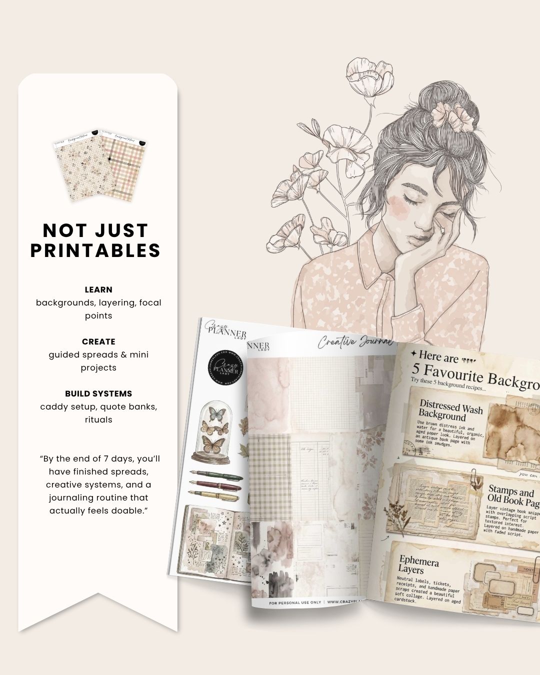 Creative journaling challenge printable sheets featuring collage prompts, journaling grids, layered paper textures and aesthetic scrapbook layouts