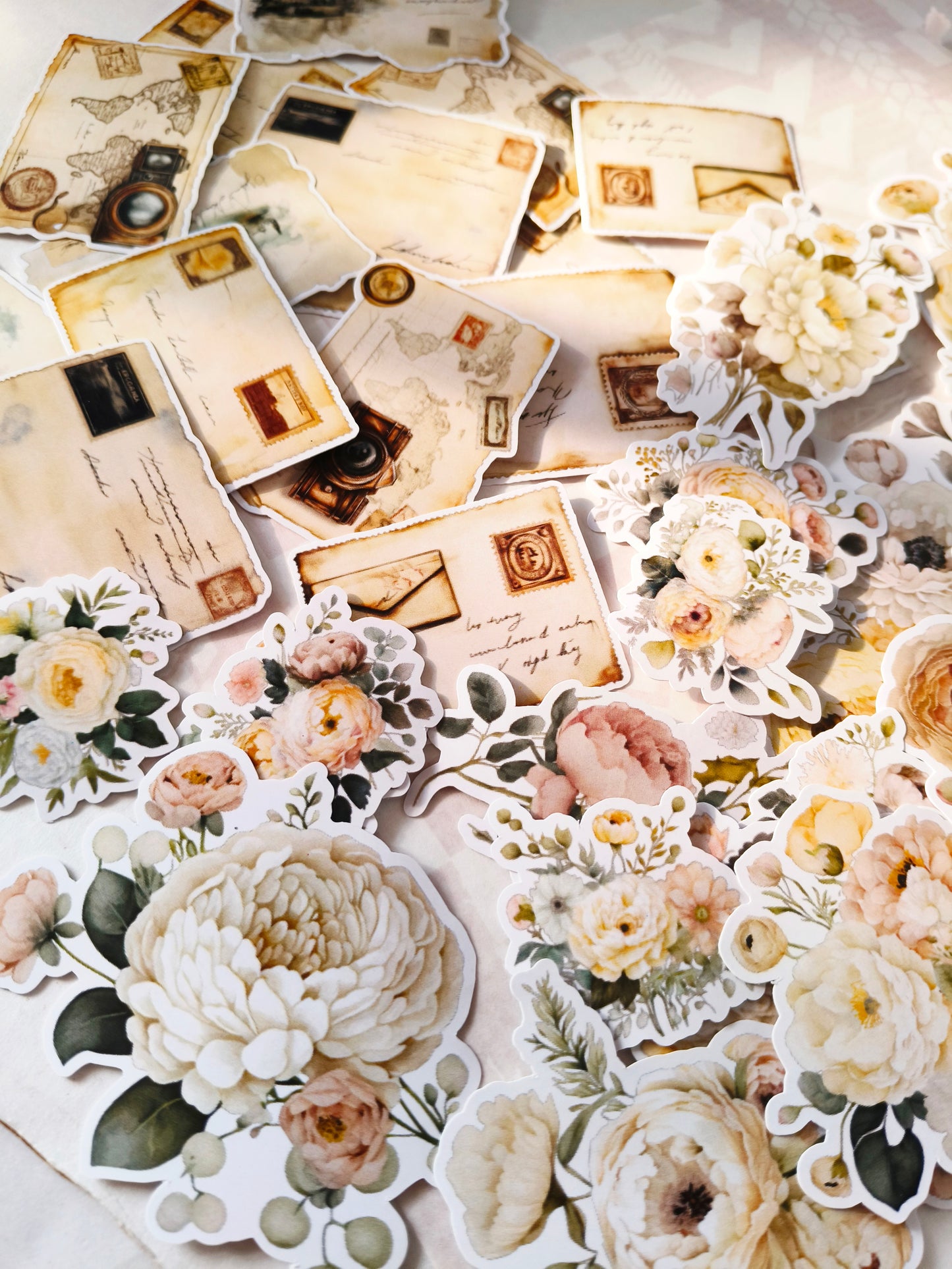 ( Oops Quality ) Postcards & Blossoms Sticker Pack – 38 Floral Stickers with Vintage Postcard Accents