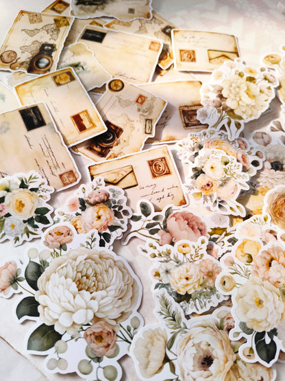 ( Oops Quality ) Postcards & Blossoms Sticker Pack – 38 Floral Stickers with Vintage Postcard Accents