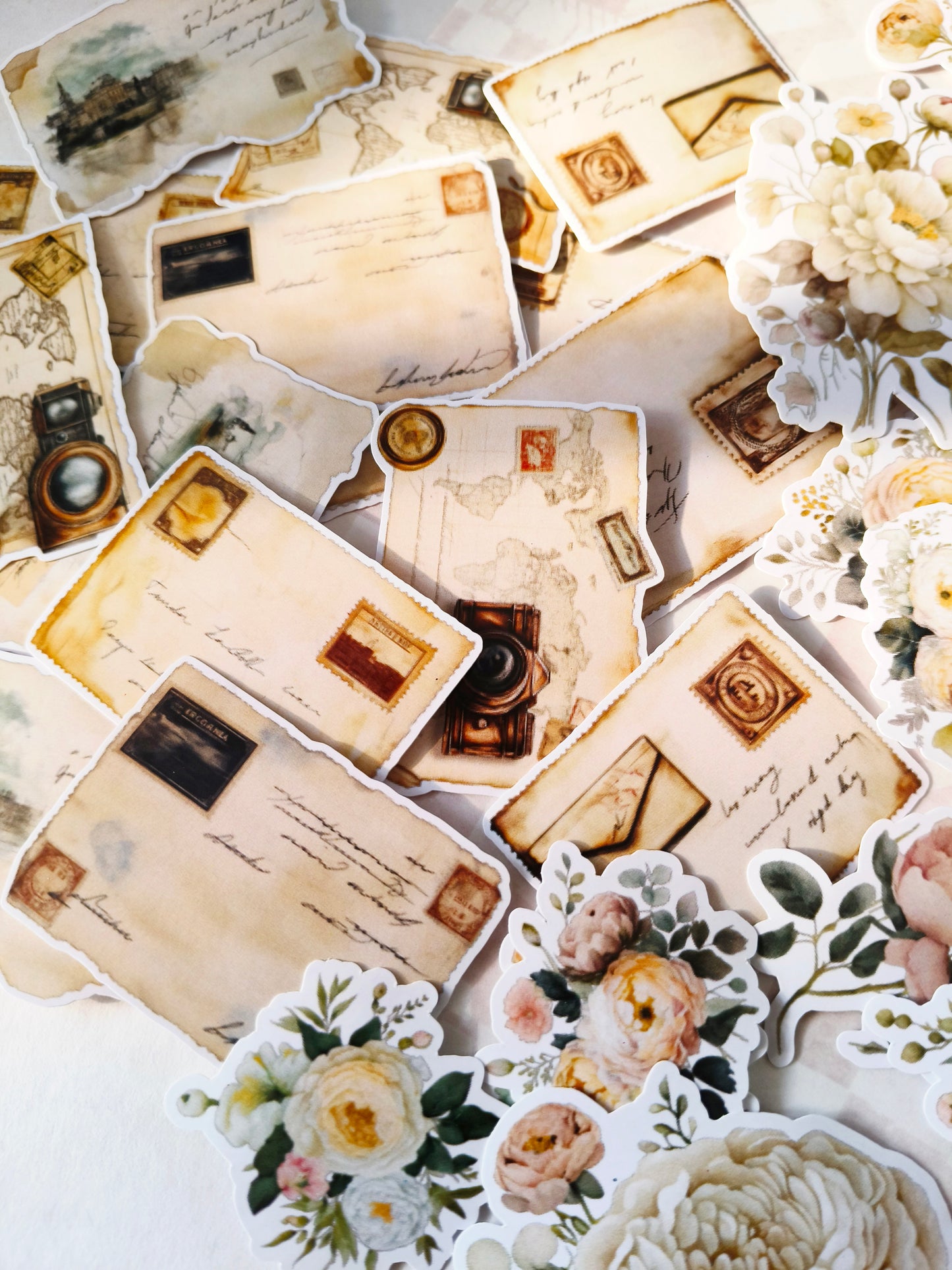 ( Oops Quality ) Postcards & Blossoms Sticker Pack – 38 Floral Stickers with Vintage Postcard Accents