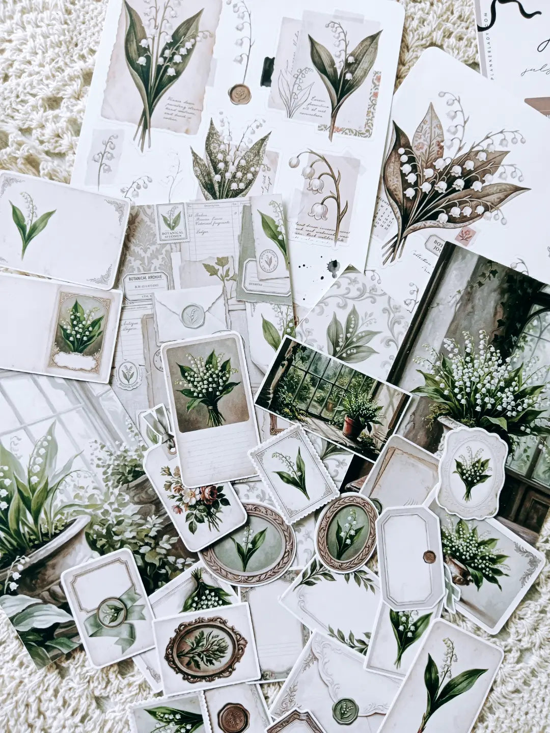 Lily of the Valley Botanical Journaling Kit | Floral Ephemera, Vintage Frames, Sticker Sheets & Die Cuts