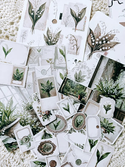 Lily of the Valley Botanical Journaling Kit | Floral Ephemera, Vintage Frames, Sticker Sheets & Die Cuts