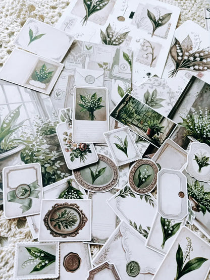 Lily of the Valley Botanical Journaling Kit | Floral Ephemera, Vintage Frames, Sticker Sheets & Die Cuts
