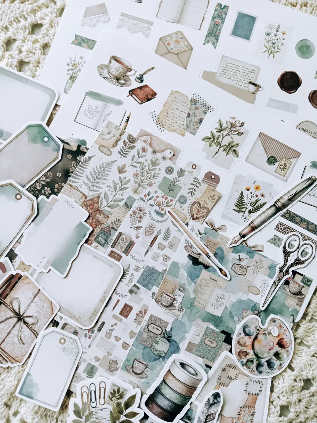 Quiet Writing Desk Journaling Kit | Vintage Stationery, Fountain Pen, Tea & Botanical Collage Collection