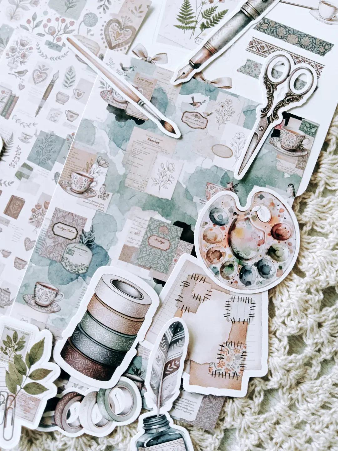 Quiet Writing Desk Journaling Kit | Vintage Stationery, Fountain Pen, Tea & Botanical Collage Collection