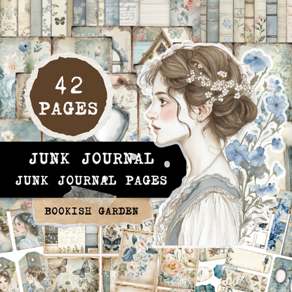 Printable Junk Journal Kit Bookish Garden Theme Digital Download Vintage Floral Collection Blue Pastel Aesthetic Tags Cards Envelopes Artistic Ephemera