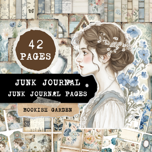 Printable Junk Journal Kit Bookish Garden Theme Digital Download Vintage Floral Collection Blue Pastel Aesthetic Tags Cards Envelopes Artistic Ephemera