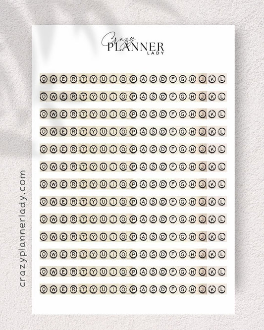 Neutral minimalist sticker sheet in beige, black, and soft tones – ideal for bullet journaling, creative planning, and aesthetic journaling setups.
