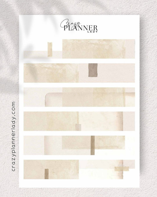 Neutral minimalist sticker sheet in beige, black, and soft tones – ideal for bullet journaling, creative planning, and aesthetic journaling setups.
