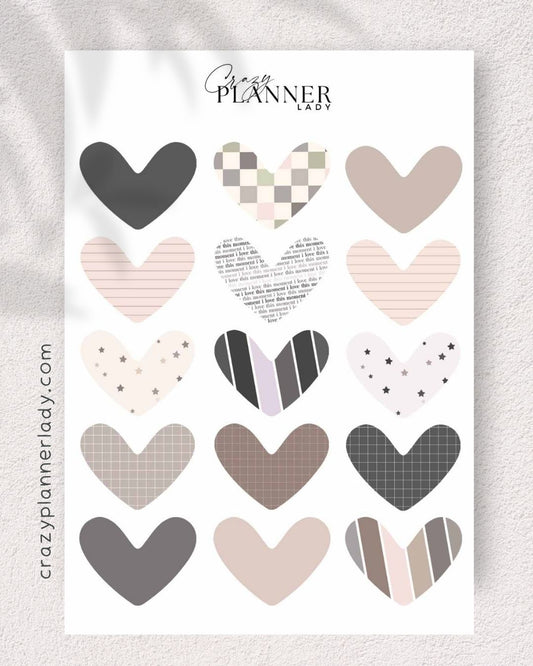 Neutral Basics Sticker Sheet – neutral hearts  – for Journaling, Bujo & Planner Setup