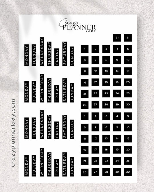 Neutral Basics Sticker Sheet – weekdays and date dots black – for Journaling, Bujo & Planner Setup