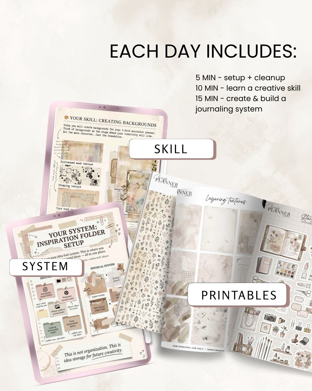 Collage journaling spread created with printable stickers, vintage paper textures, journaling prompts and scrapbook layering elements
