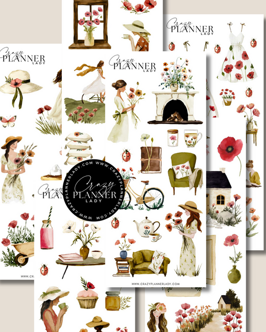 Romantic cottagecore poppy sticker set with vintage florals, feminine silhouettes, fireplace scenes, and dreamy journaling elements