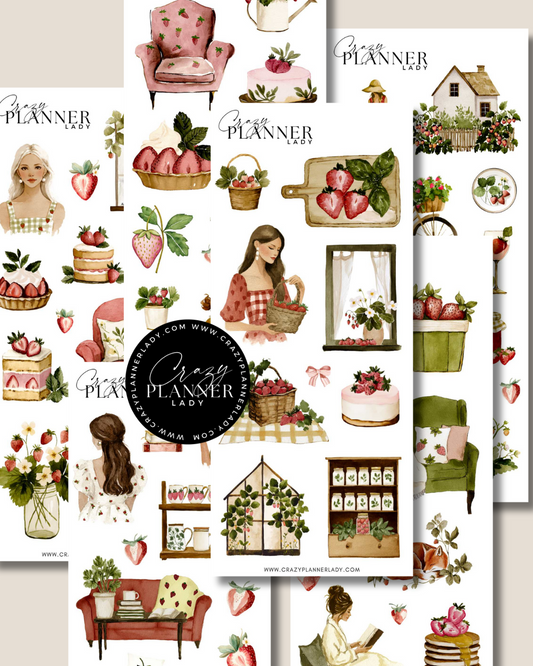 Whimsical strawberry sticker set with cozy kitchens, fruit baskets, desserts, and garden-inspired illustrations in a soft vintage palette