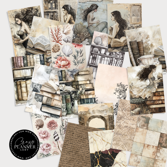 Mermaid Background Paper Pack – 30 A5 Ephemera Papers, Fantasy & Ocean-Themed Journal Pages