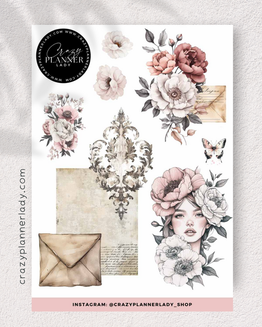 Vintage Floral ephemera sticker sheet